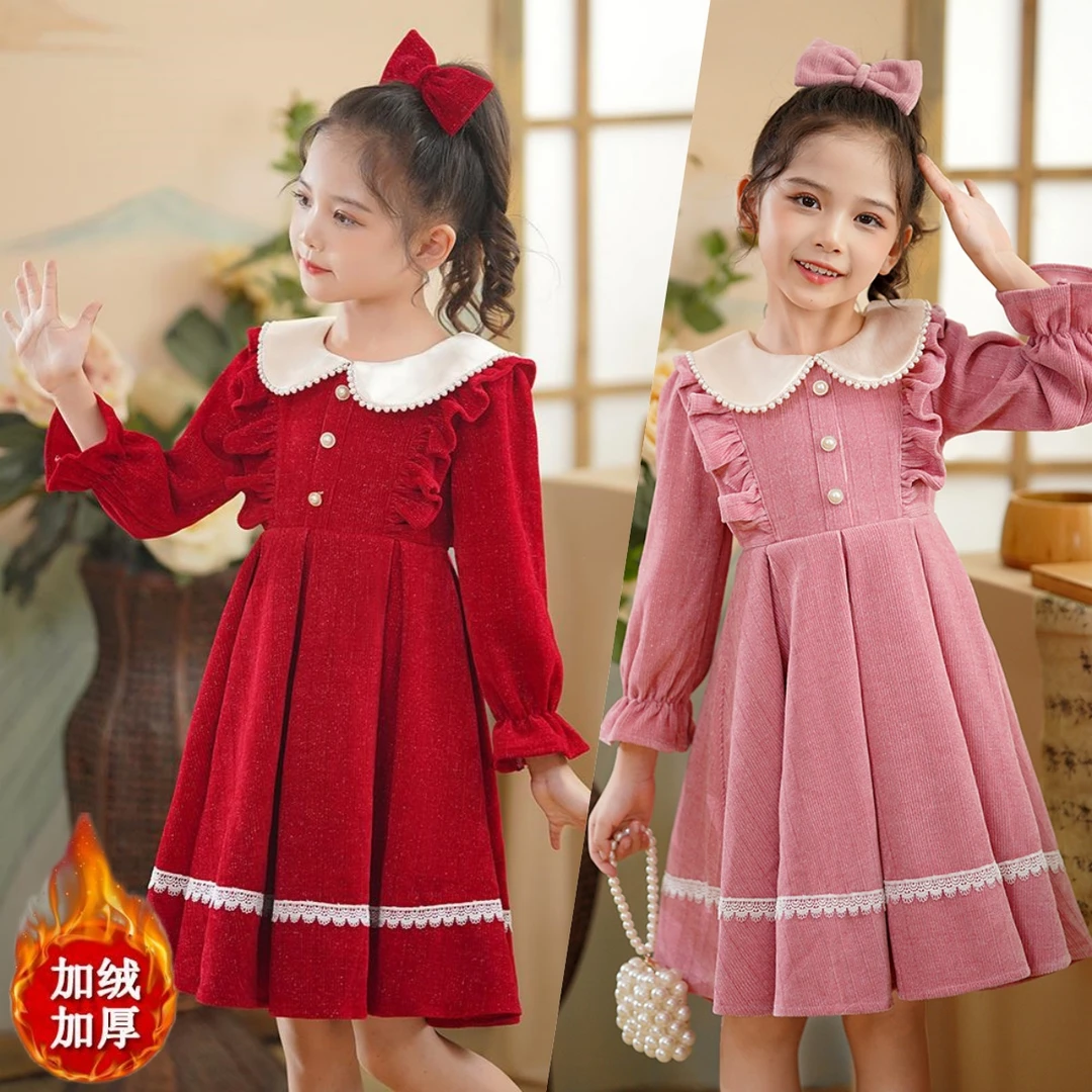 女童连衣裙加绒加厚儿童裙子洋气冬装新年装红色拜年服宝宝公主裙