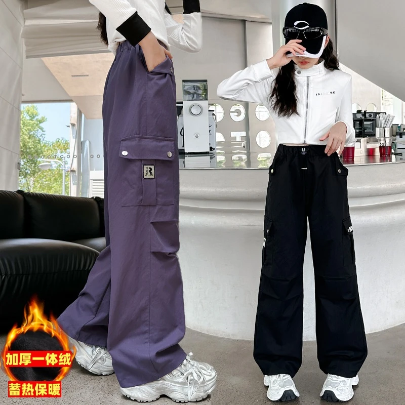 女童加绒阔腿裤秋冬装中大童女孩冬季工装裤加厚儿童保暖直筒长裤