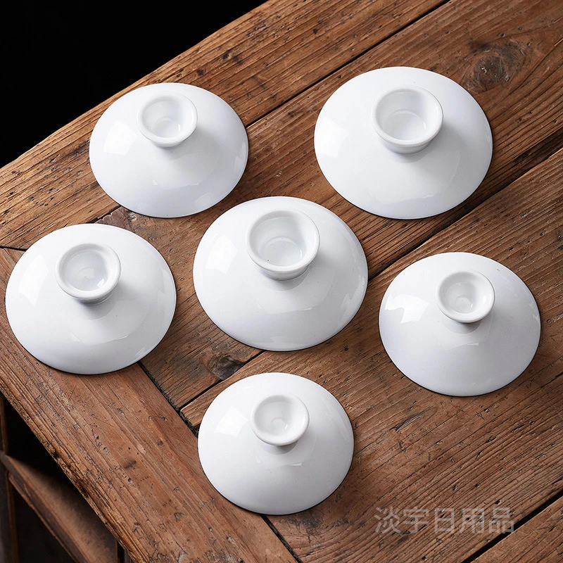 新款羊脂玉盖碗盖子陶瓷白瓷描金三才子白瓷茶碗茶杯盖子配盖