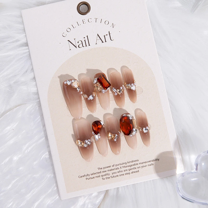 『许愿币』KGEG纯手工穿戴甲美甲高级焦糖晕染堆钻长椭圆假指甲贴片