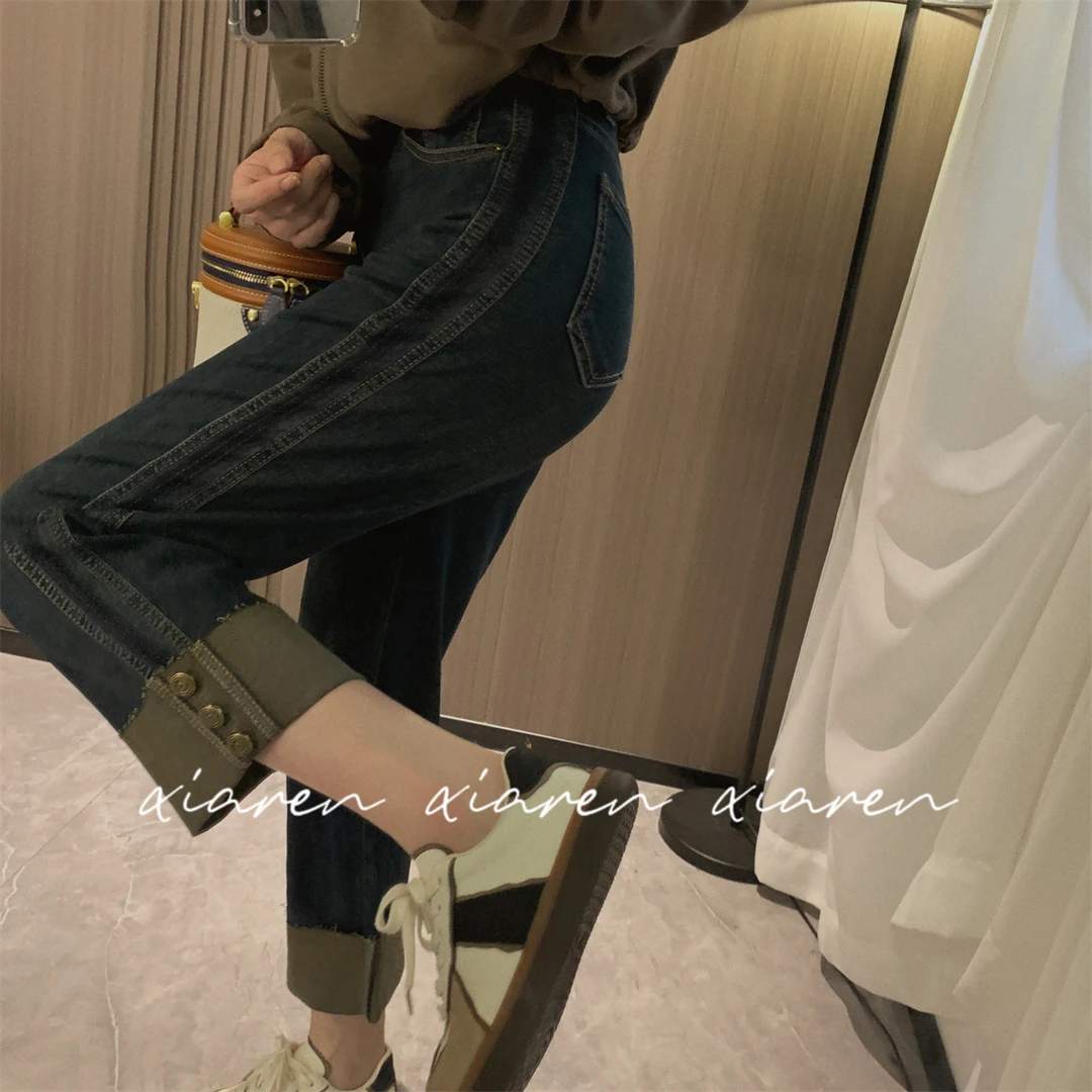 【只出不进】【翻边纽扣牛仔裤】洋气时髦直筒牛仔裤款裤子九分裤