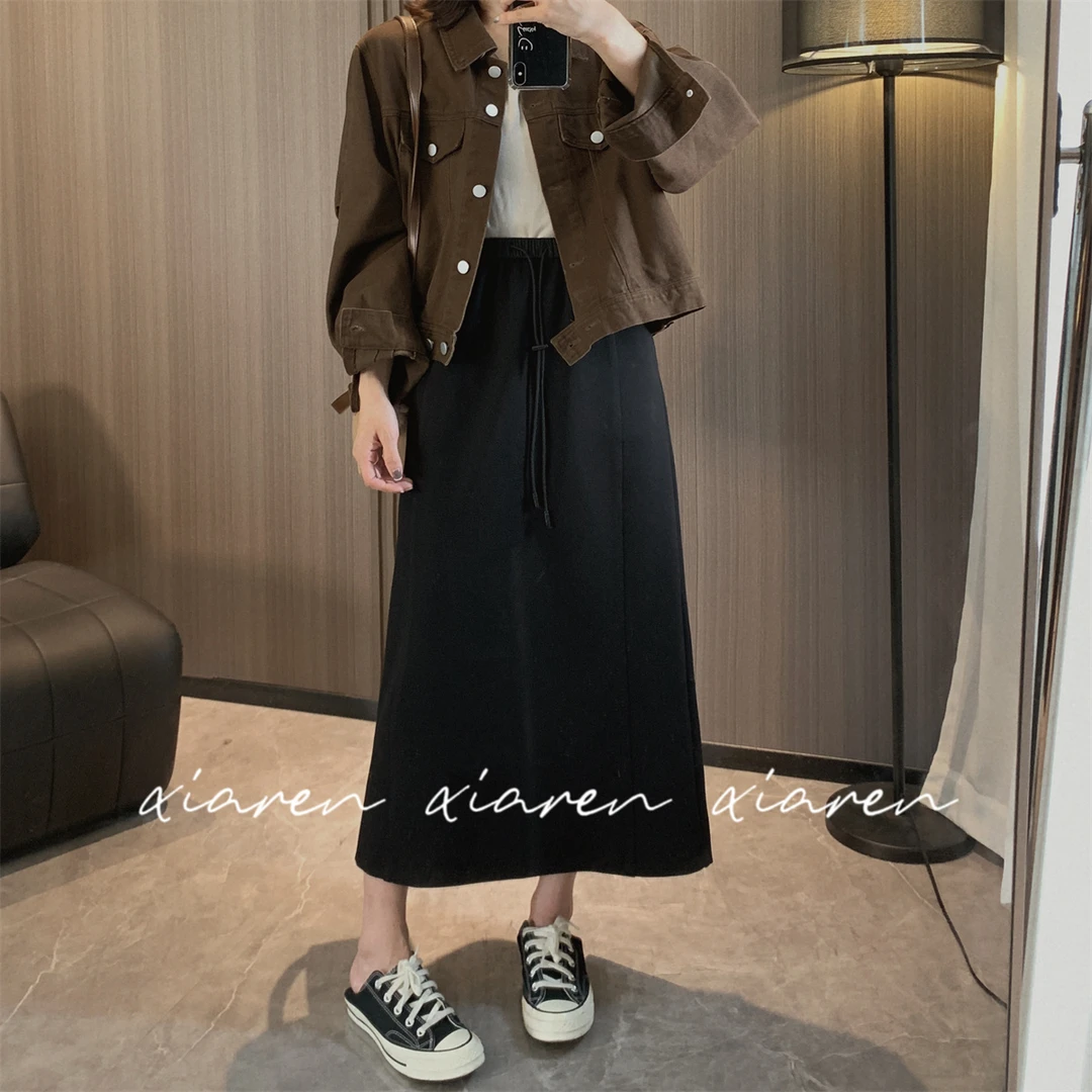 【只出不进】【抽绳半身裙】显瘦黑色半身裙中长款高档大气一步裙