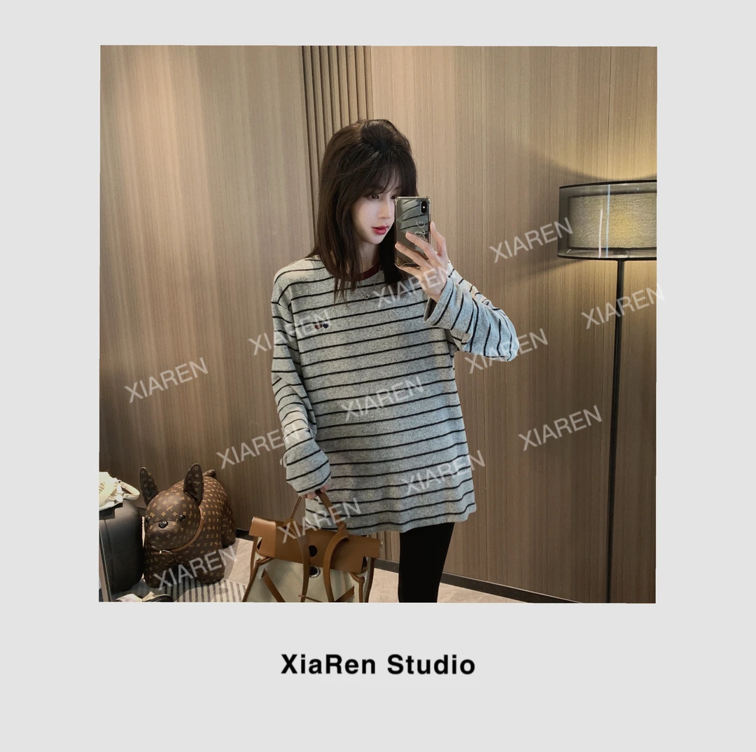 【撞色领条纹T】女款衣服打底衫女内搭休闲外穿上衣