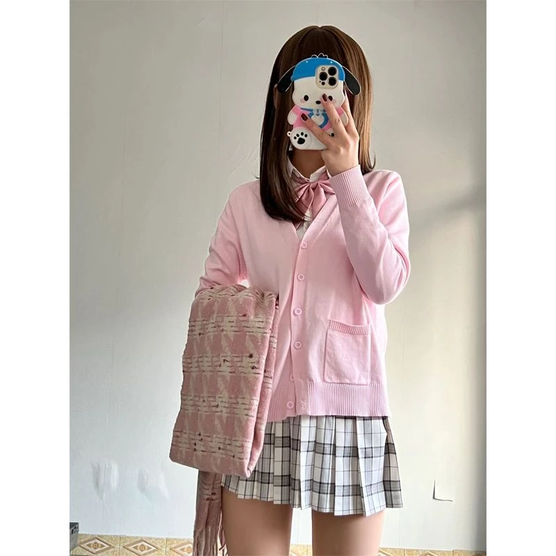甜美校供感外搭针织衫毛衣学院风粉色网红宽松jk制服外穿百搭外套