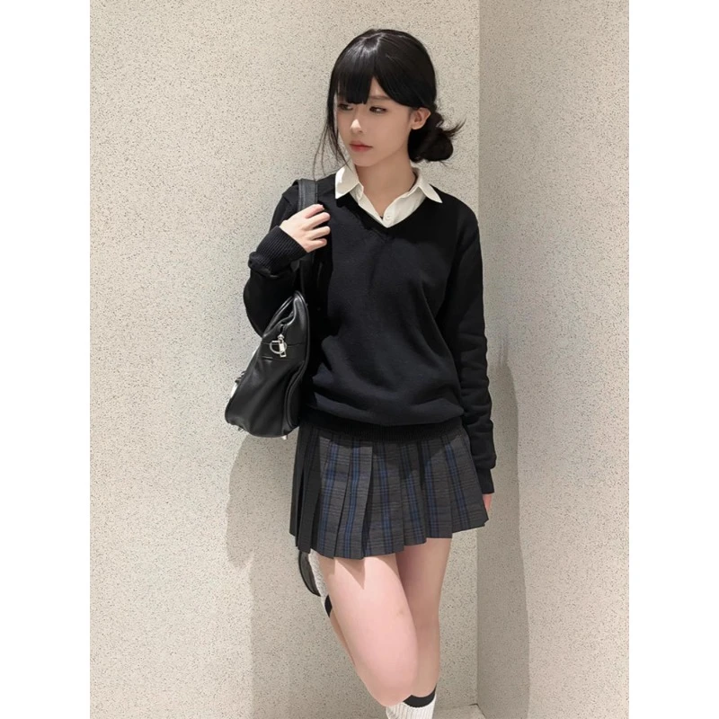 jk制服秋冬套头学院风毛衣v领黑色马甲女正版针织衫叠穿长袖外套