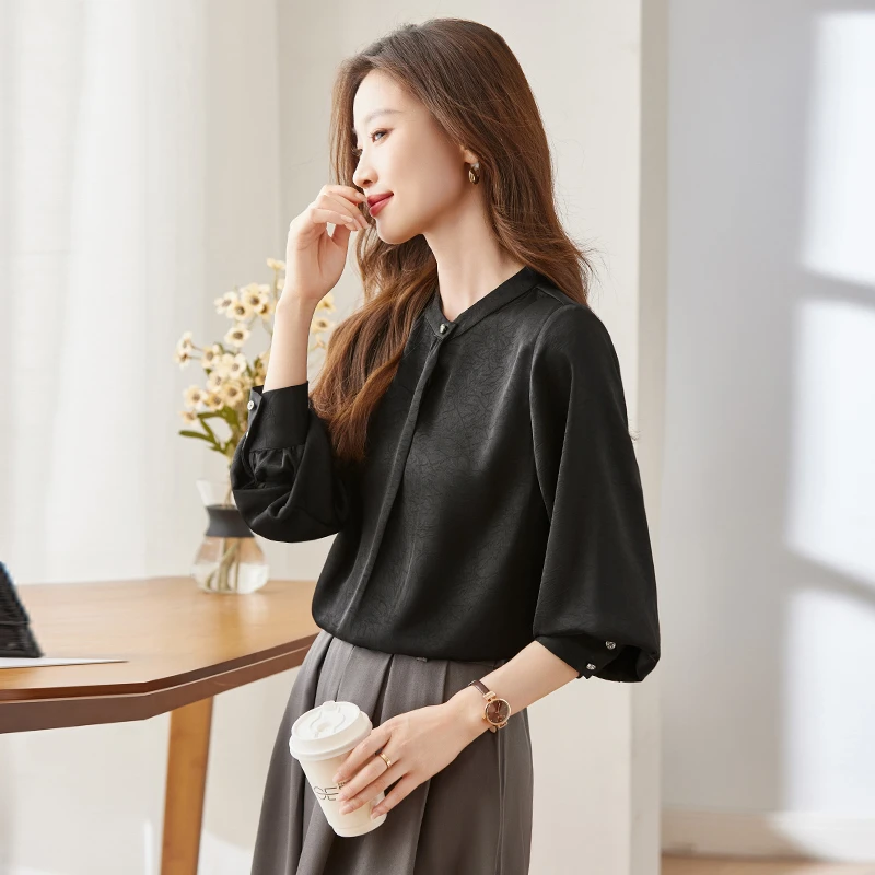 Q105新款洋气设计感黑色气质衬衫春秋女士百搭长袖衬衣时尚休闲
