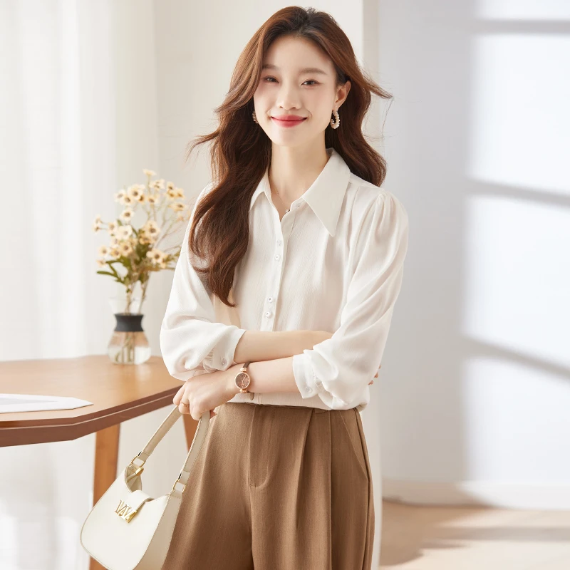 Q131春秋新款气质洋气衬衫女士长袖纯色百搭衬衣