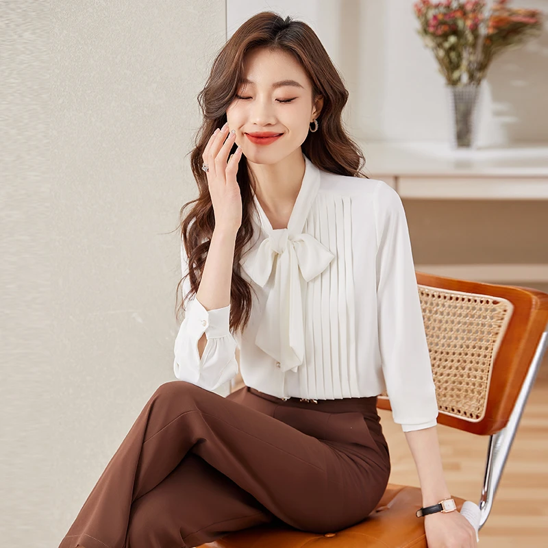 Q6605春秋新款高端白衬衫女长袖职业OL高档洋气百搭气质飘带衬衣
