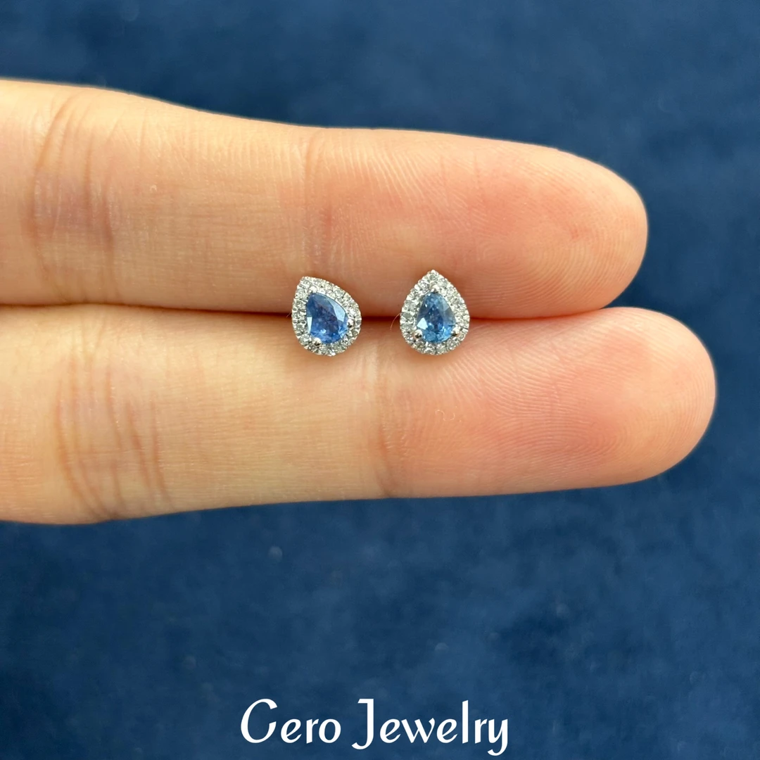 CERO【公主专属】经典时尚百搭蓝宝石白金围镶钻石水滴耳钉AA0493
