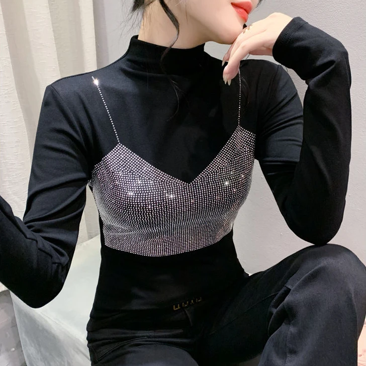 8809重工烫钻长袖打底衫女t恤春秋冬新款半高领内搭精致百搭上衣