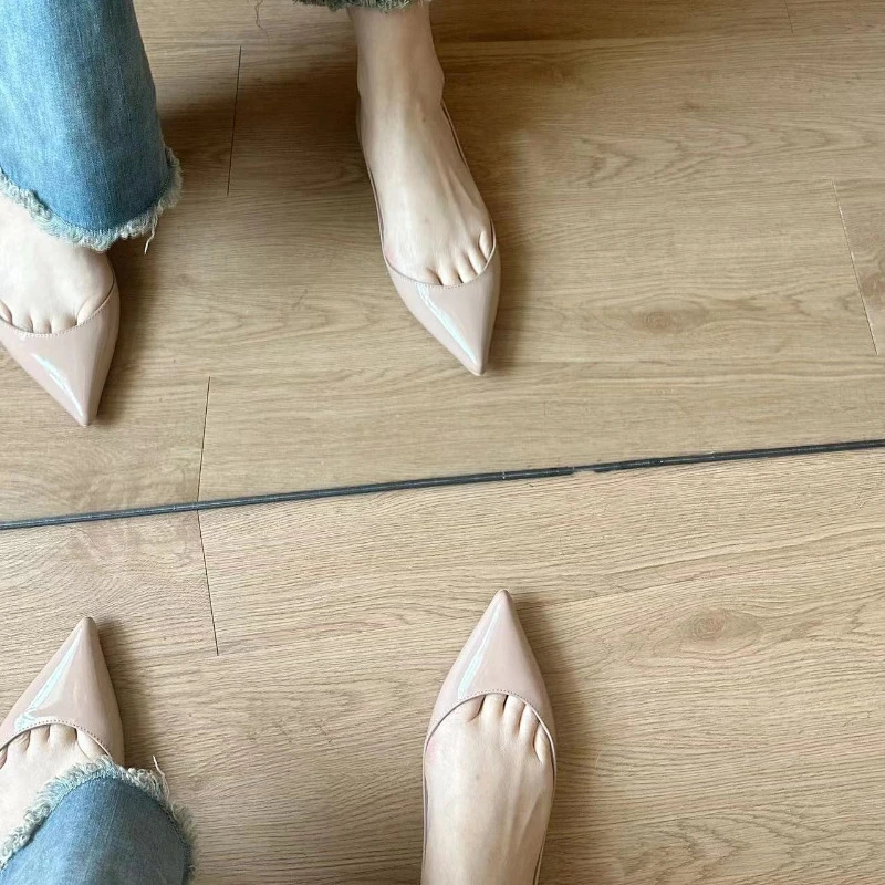 尖头浅口平底鞋2023新款法式露趾缝包头全真皮裸粉色单鞋