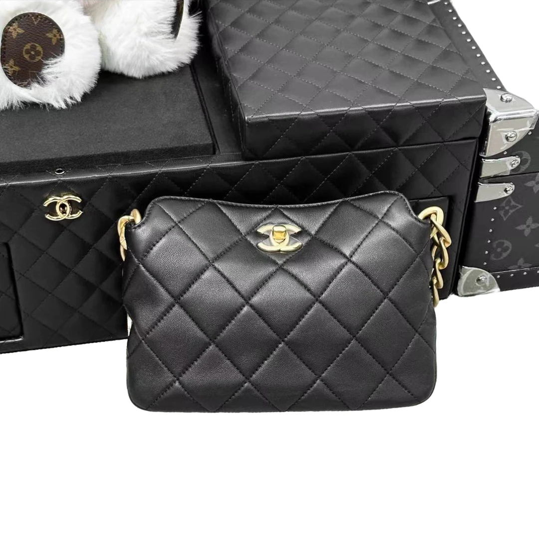 95新 Chanel/香奈儿 安洁利 香奈儿黑金菱格纹HOBO链条包 单肩包