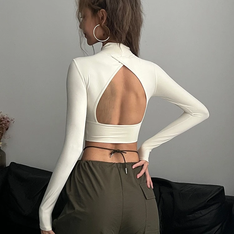 高领运动上衣女跑步含胸垫紧身显瘦性感美背瑜伽服健身长袖秋冬款