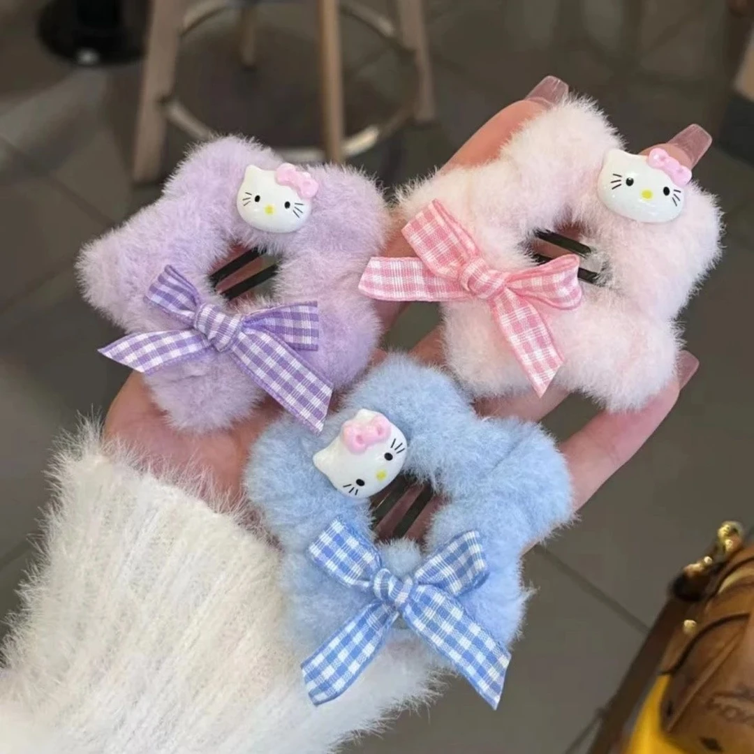 毛茸茸星星kt猫格子蝴蝶结发夹少女心BB夹甜美秋冬五角星卡通卡子