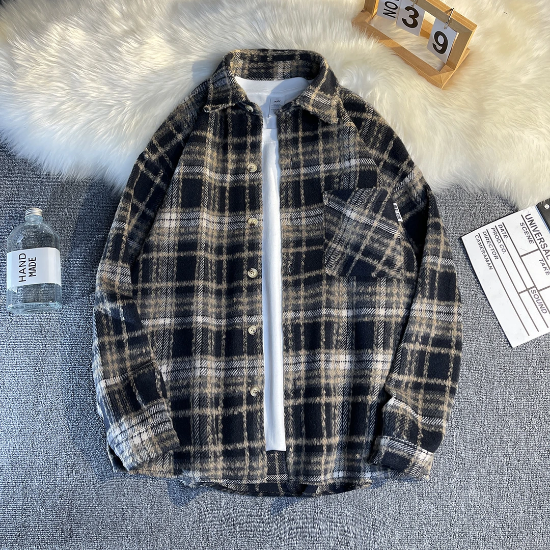 新春秋毛呢格子衬衫男外套学生痞帅潮流百搭休闲宽松长袖衬衣潮流