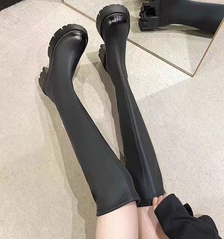 鳄鱼品牌大腿围百搭加绒过膝秋冬长筒圆头厚底高筒靴瘦瘦靴