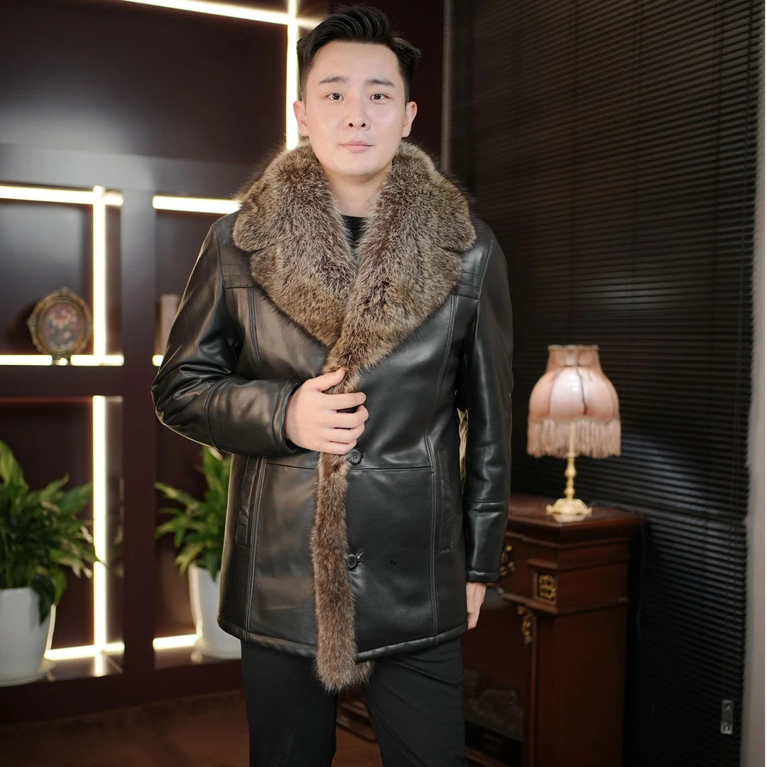 【宝佳龙】男士中长款绵羊皮大毛领秋冬款翻领加厚保暖外套男士皮衣