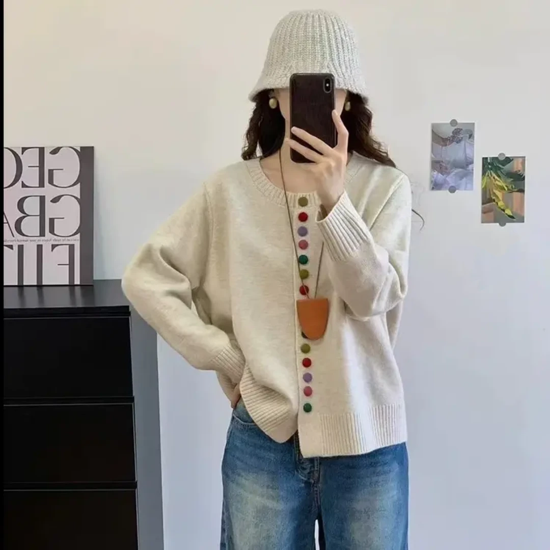 小香风彩色纽扣圆领毛衣针织开衫女秋冬季慵懒风宽松长袖外套上衣