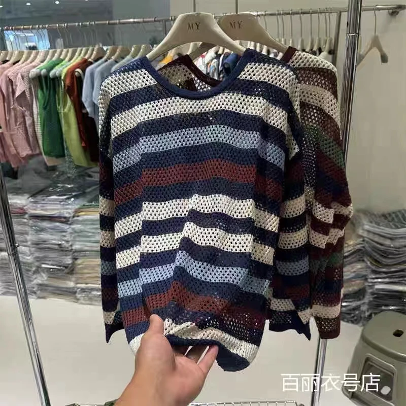 夏款长袖条纹针织衫 宽松显瘦百搭圆领条纹针织衫女