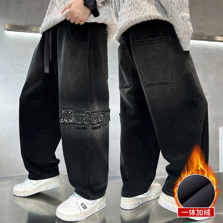 男童秋冬加绒长裤儿童一体绒裤子2024新款中大童冬季加绒牛仔裤潮