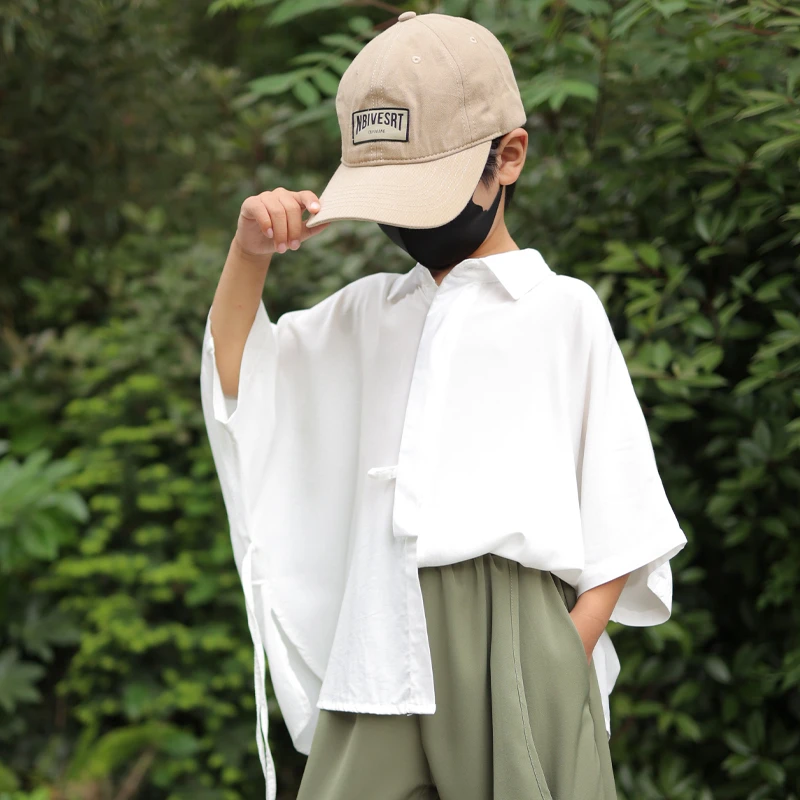 亲子装母子装2024新款不规则短袖衬衣纯色简约衬衫上衣百搭半袖