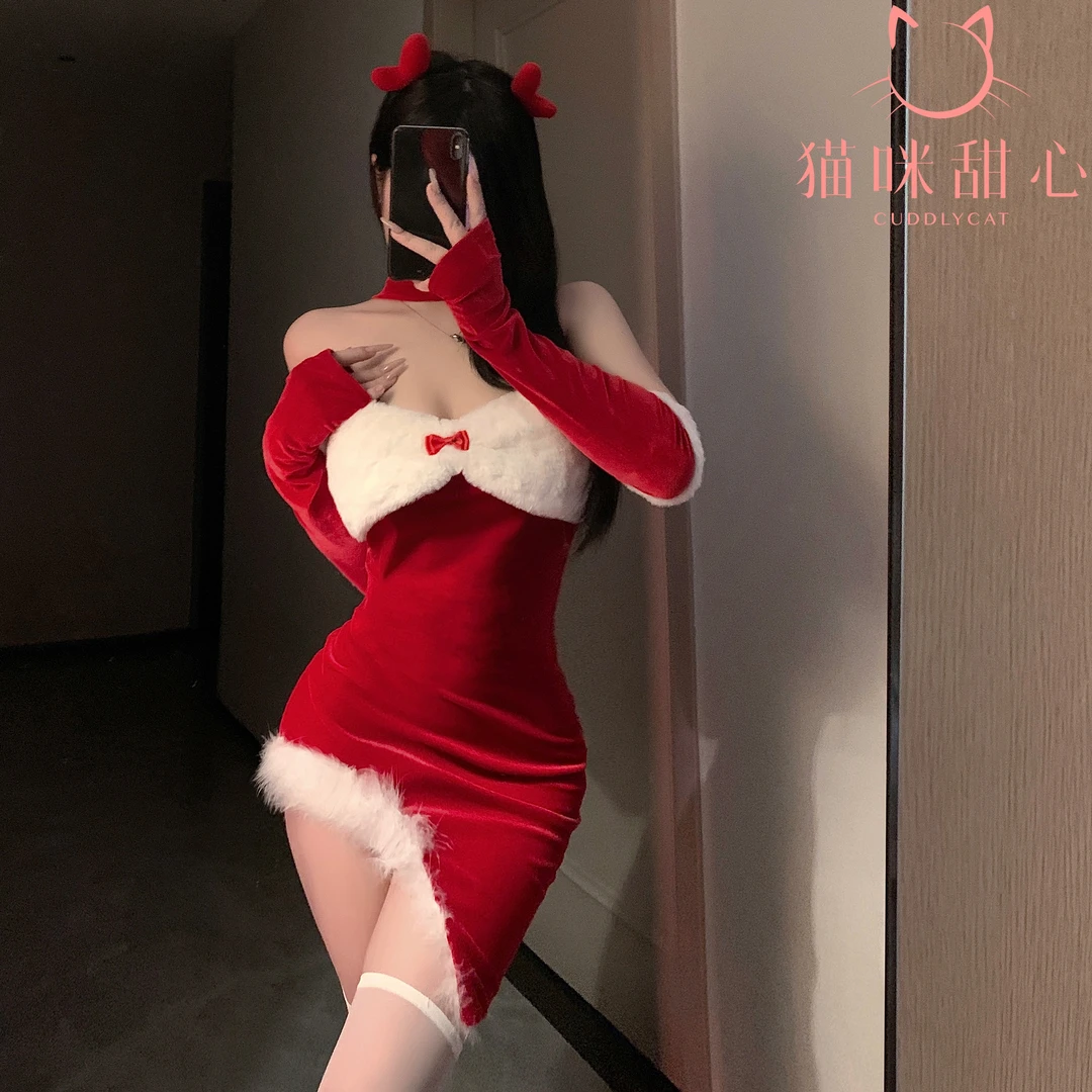 猫咪甜心丨圣诞装胸不规则红色新年战袍女cosplay圣诞裙子软妹裙