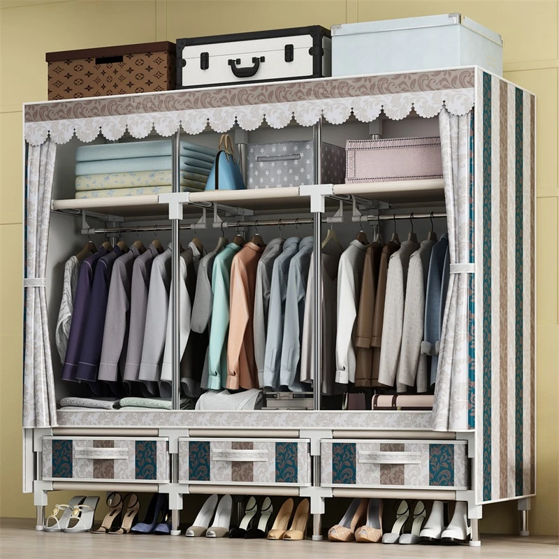 简易衣柜全钢架布衣柜防尘家用出租房衣橱挂衣架子带抽屉加粗加厚