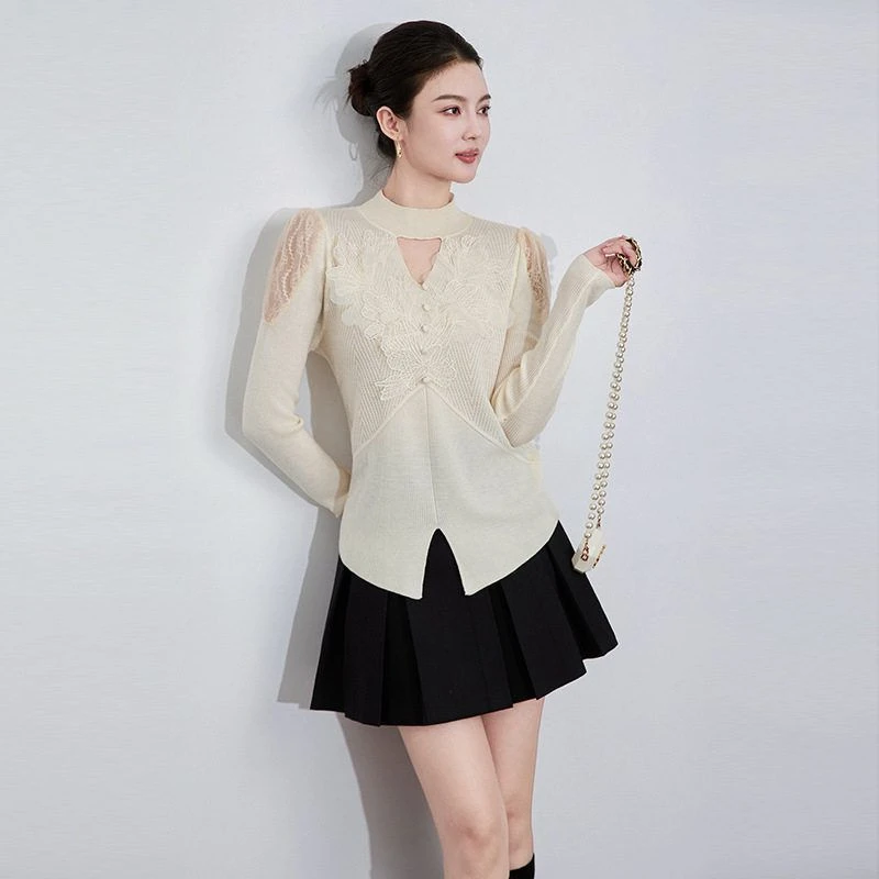 气质半针织衫花上衣拼时尚镂空立体高领女款-长袖秋冬刺绣