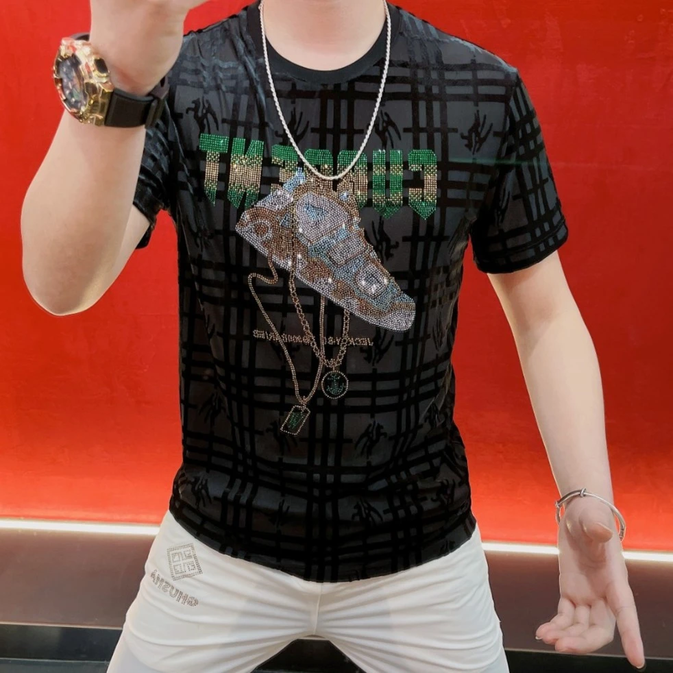 2023年夏季新款圆领短袖T恤男提花高端修身烫钻半袖上衣男 2801