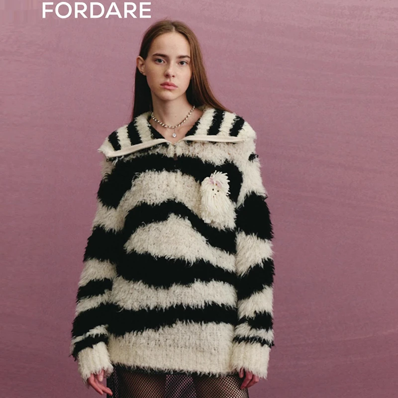 FORDARE长毛毛黑白拉链小狗毛衫秋冬冬季毛衣