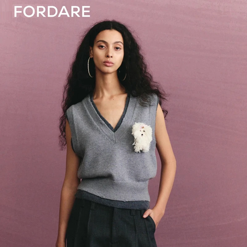 FORDARE24秋季新品 玩偶小狗假两件毛衫背心