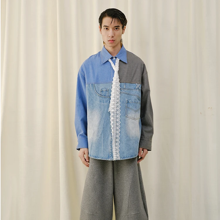YANAG原创设计师品牌不规则剪裁拼接蓝灰衬衫潮流简约时尚上衣