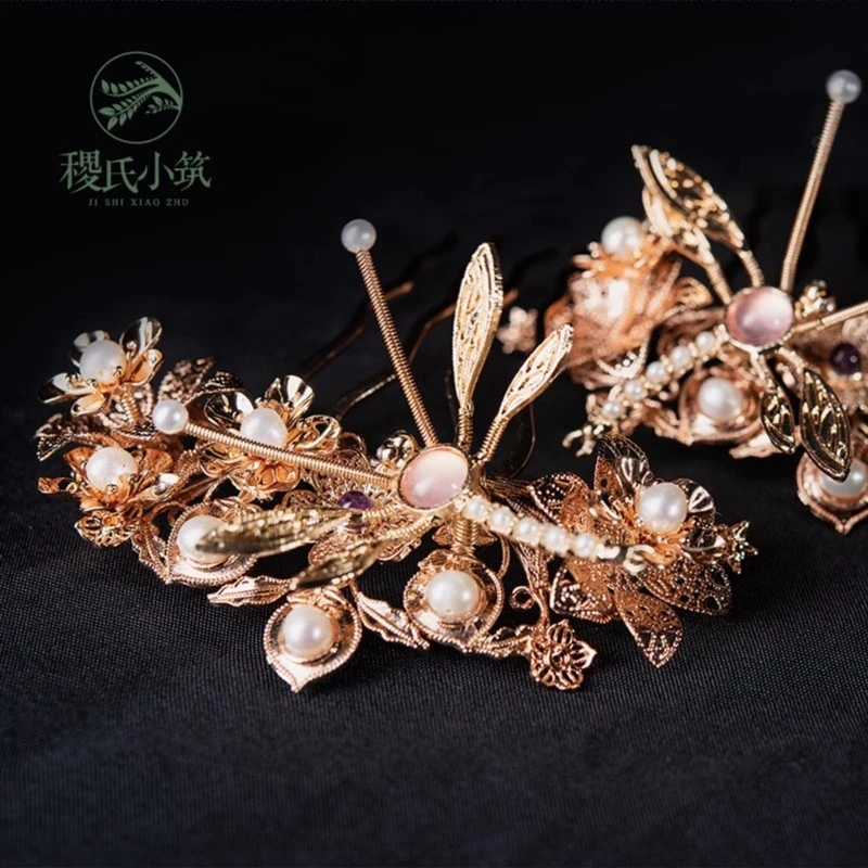 稷氏小筑 桃蜓 原创手工古风发饰头饰灵动百搭华丽蜻蜓发梳头饰