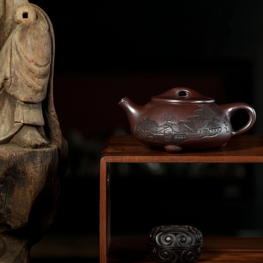 紫砂 石红 刻绘 江南 石瓢