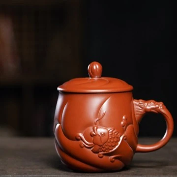 朱泥大红袍鱼化龙大容量筋纹器紫砂杯办公杯茶杯