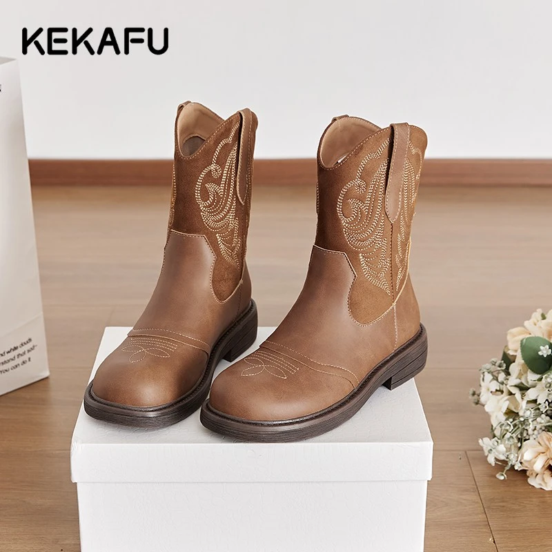 珂卡芙棕色短靴女复古西部靴2024早秋马丁靴粗跟刺绣美拉德骑士靴