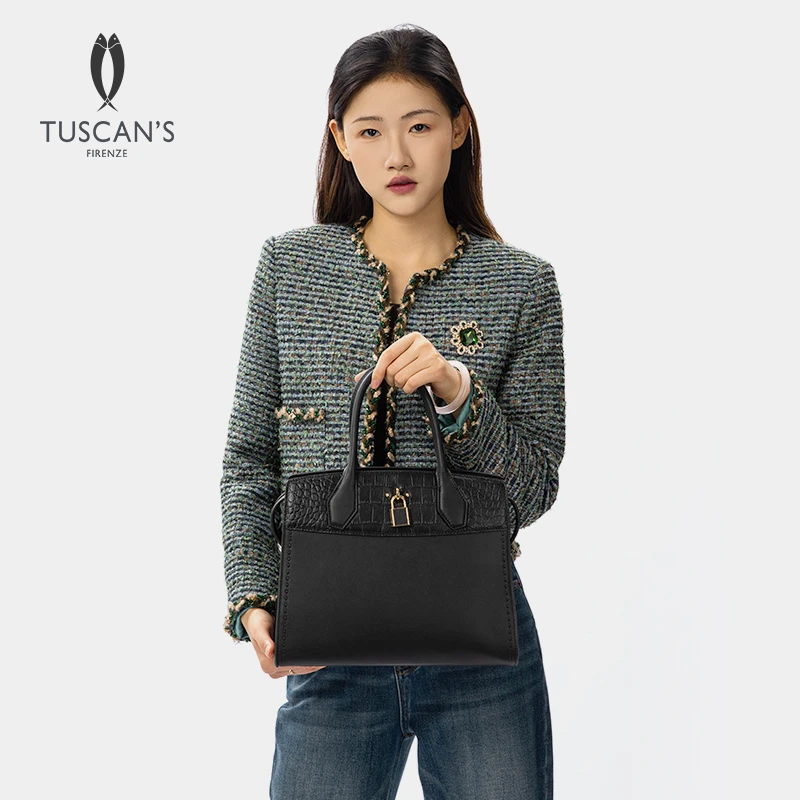 【轻奢】TUSCAN'S休闲时尚设计师手提包秋冬女士鳄鱼纹拼接真皮牛皮