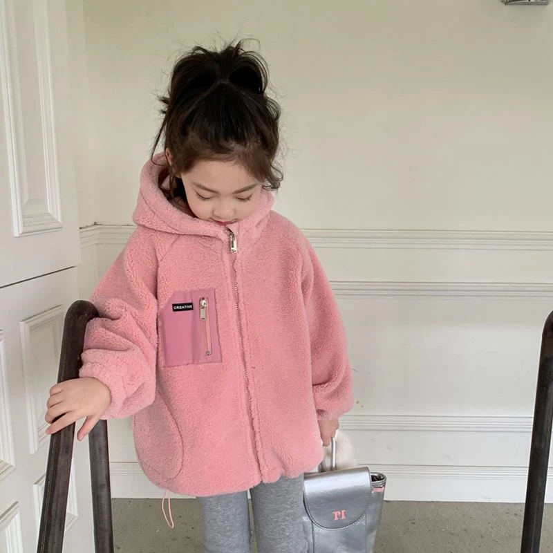 女童毛绒连帽外套韩版秋冬季中大儿童加厚毛毛衣小女孩羊羔绒上衣