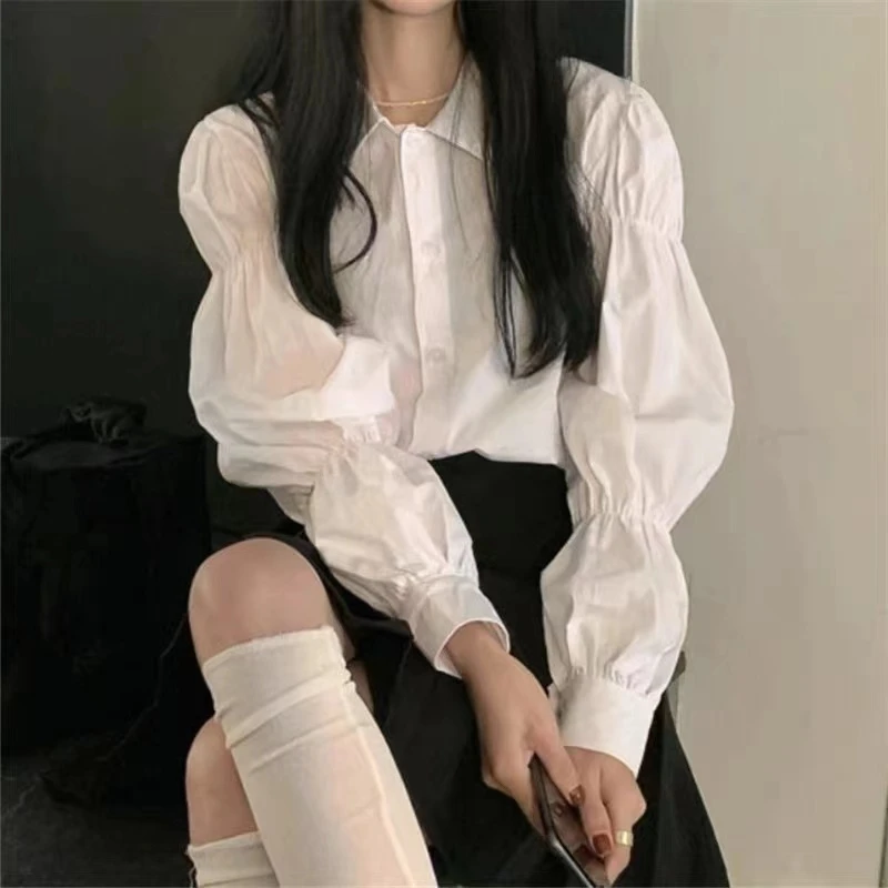 9010法式灯笼袖白色柔软衬衫显瘦女装别致内搭上衣长袖白色衬衣女