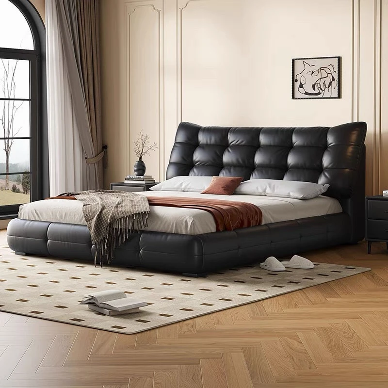 皮床轻奢北欧简约大床极简意式主卧室真皮床皮艺婚床大床客厅储物