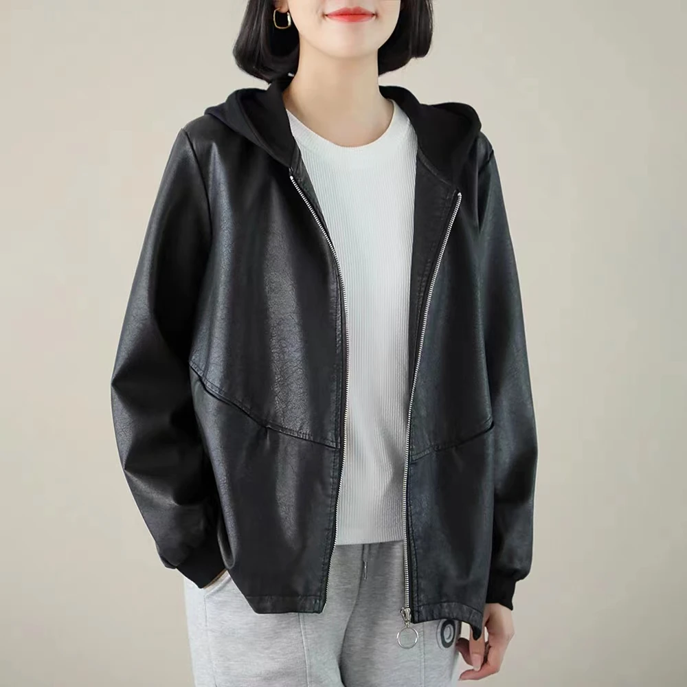 秋冬季连帽女大码皮衣夹克休闲时尚短款30-50岁韩版宽松