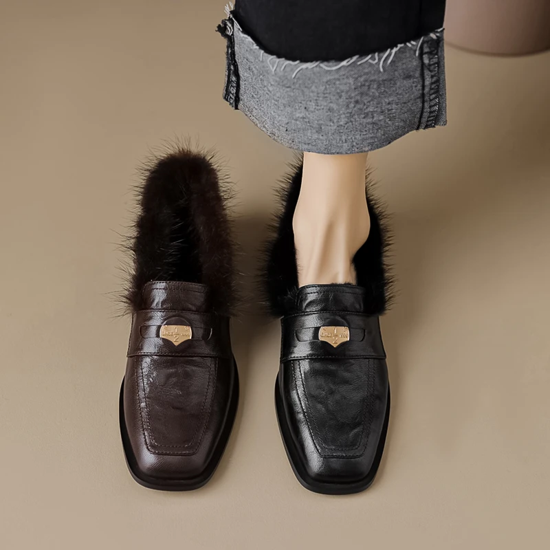 羊皮 4cm跟深口保暖毛毛乐福鞋极简大牌风专柜新款小众高级感穿搭