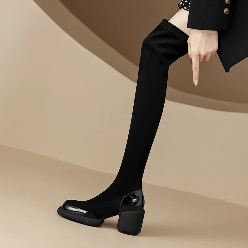 漆皮+高弹绒7.5cm成型跟增高超轻发泡底时装休闲户外过膝长靴短靴