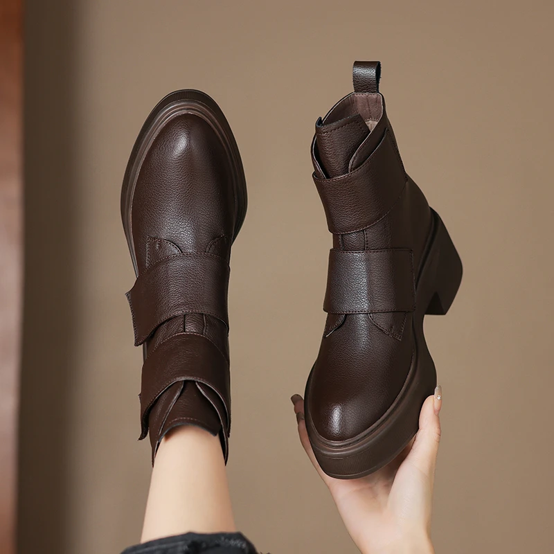 牛皮6.5cm跟专柜新款增高厚底舒适百搭时装休闲户外侧魔术贴短靴