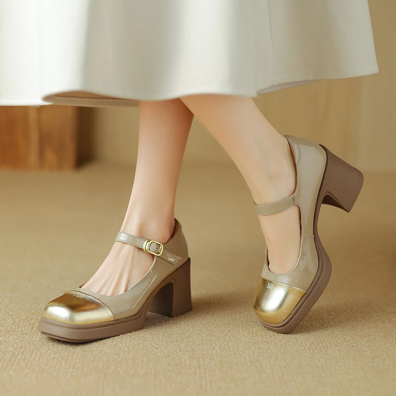 鞋面牛皮 跟高7.5cm 法式粗跟真皮浅口玛丽珍单鞋女厚底方头女鞋