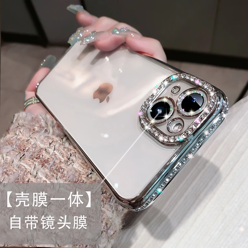 【苹果】iPhone16/15/14自带闪粉镜头膜一圈水钻透明全包防摔保护壳
