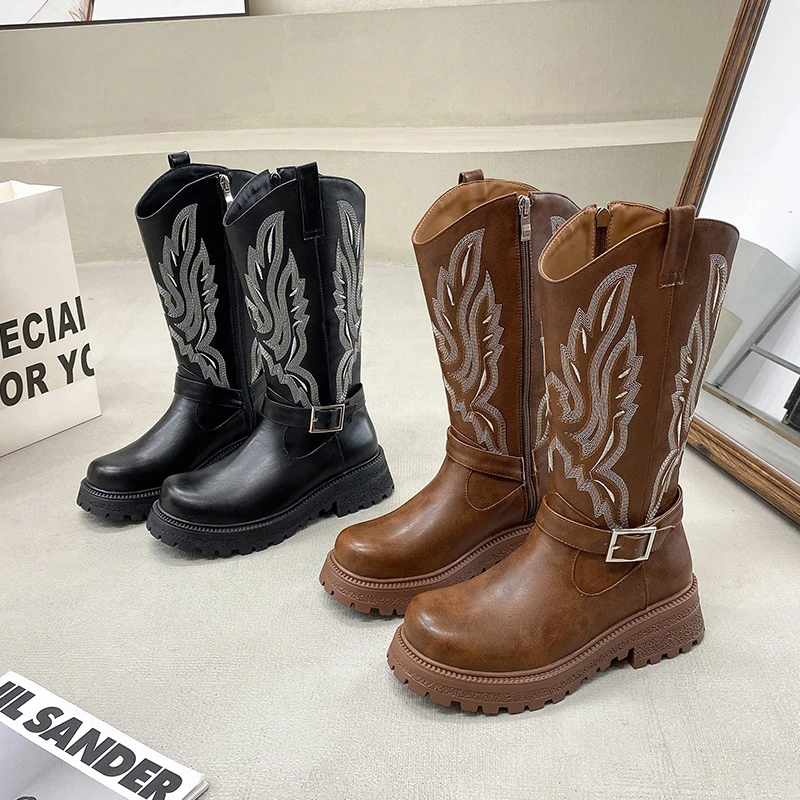 女童长靴6-12岁儿童靴子秋冬时尚刺绣中大童高筒靴小女孩骑士皮靴