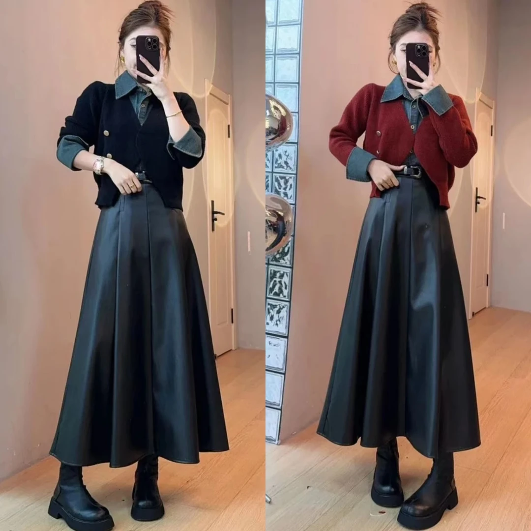 2025春季套装穿搭女装牛仔拼接针织毛衣半身皮裙两件套一整套ootd