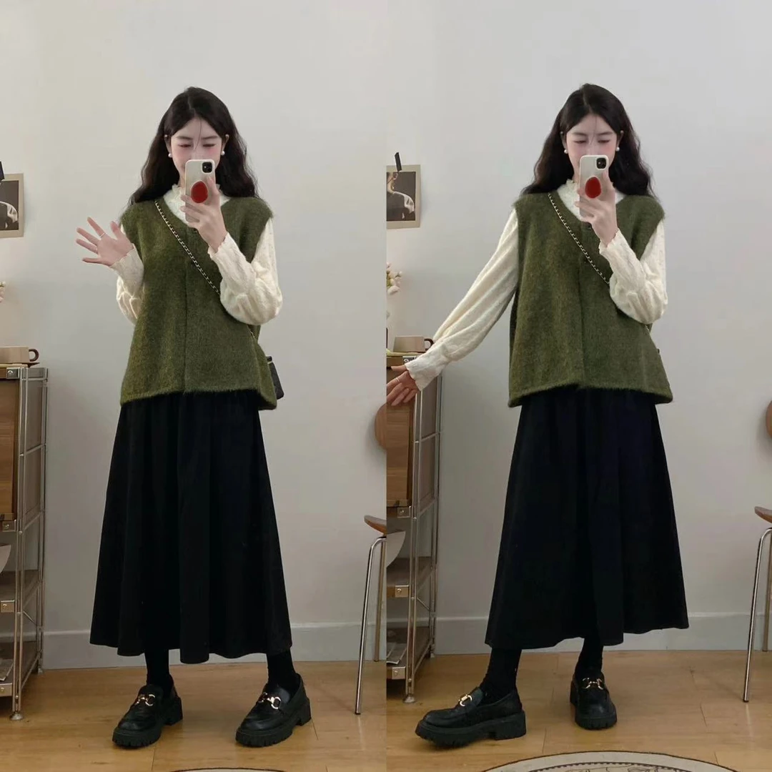 【贝蒂】胖mm遮肉显瘦三件套女秋季针织背心马甲小众打底衫半身裙子