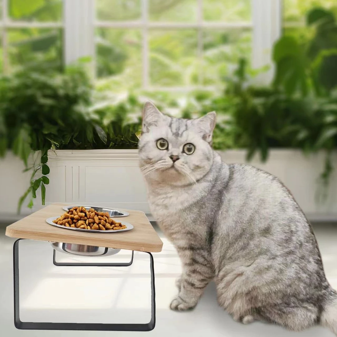 创意木质猫碗架宠物喂食器落地双碗式宠物碗架铁艺高脚饮水架